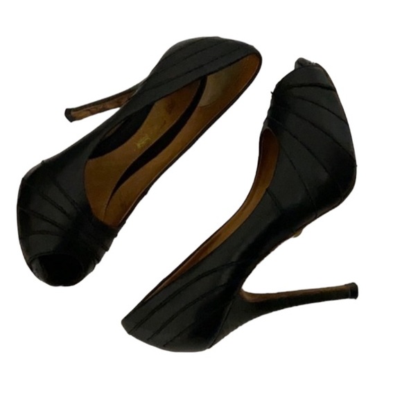 Authentic L.A.M.B. Black leather open toe heels Sz 6.5 - Picture 5 of 8